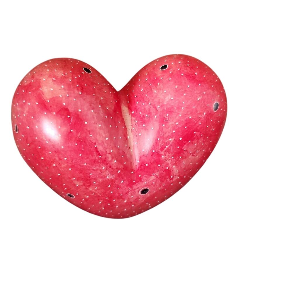 Hand Carved Red Heart Soapstone Paperweight Decor 4" Red Dot Design Valentine